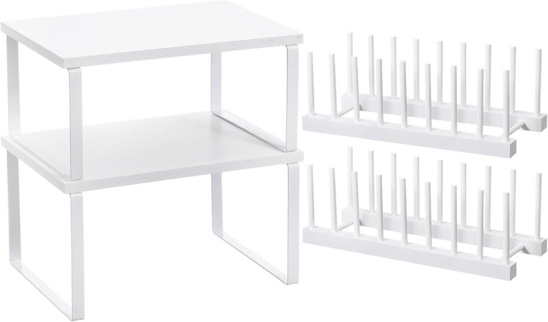 Marsui 4 Pcs Kitchen Organizer Accessories Set Cabinet Organizer Shelf and Bamboo Dish Drying Plate Rack Counter Shelves Storage Holder for Spice Rack, Dish, Pot Lid, Bowl, Cup (White) - Image 1